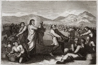 Royaumont-Bibel, Neues Testament: Vermehrung der Brote. Jesus Christus vervielfacht fünf Brote und ernährt fünftausend Männer. Illustration von 1811