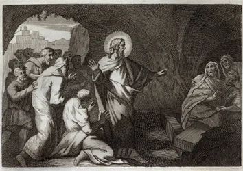 Royaumont-Bibel, Neues Testament: Die Auferweckung des Lazarus durch Jesus Christus. Illustration von 1811.