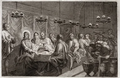 Royaumont-Bibel, Neues Testament: Die Hochzeit zu Kana. Erstes Wunder von Jesus Christus, der Wasser in Wein verwandelte. Illustration von 1811.