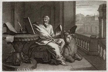 Royaumont-Bibel, Neues Testament: Der Evangelist Sankt Lukas mit dem Stier. Illustration von 1811.