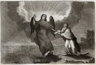Royaumont-Bibel, Neues Testament: Vision des Heiligen Johannes. Vision des Engels mit einem offenen Buch, das Johannes zum Verzehr gibt. Illustration von 1811.