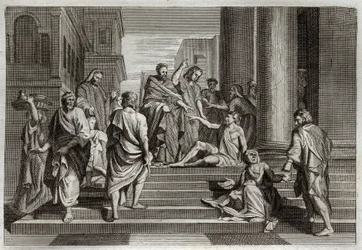 Royaumont-Bibel, Neues Testament: Heilung des Lahmen. Der heilige Petrus, begleitet von Johannes, heilt auf wundersame Weise einen Lahmen in Jerusalem. Illustration von 1811