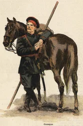 Russische Kosakenkostüme. Gravur des 19. Jahrhunderts. Bianchetti-Sammlung