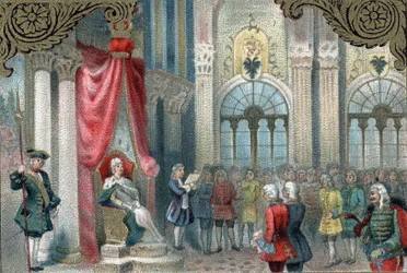 Modernisierungspolitik Russlands: Katharina II. von Russland (1729-1796) verkündet die Neuordnung des Russischen Reiches. 1785 gab sie den Adligen des Reiches weit mehr Macht und Rechte. Späte Chromolithographie des 19. Jahrhunderts.