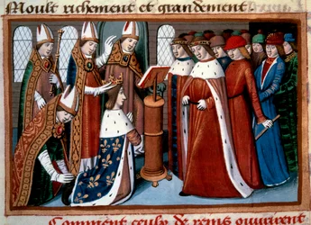 Heiliger König Karl VII. (1422-1461) durch den Erzbischof von Reims am 17.07.1429 Miniatur aus den „Vigilles of King Charles VII“ von Martial d