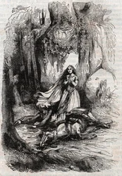 Sacripant wird in Anwesenheit von Angelica abgeworfen - Gravur von 1851 aus „Roland furieux“ (Orlando furioso) (16. Jahrhundert) von Ludovico Ariosto, bekannt als Ariosto - Ausgabe übersetzt aus dem Italienischen von Graf von Tressan und veröffentlicht von