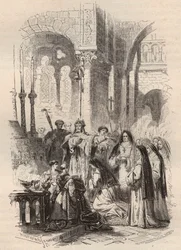Segnung von Heiliger Kunigunde von Luxemburg (ca. 975-1033/1039) im Jahr 1024, übergeben vom Bischof von Paderborn Meinwerk (ca. 975-1036) in der Benediktinerabtei von Kaufungen in Deutschland. Gravur von 1868 in „Histoire de Belgique von den frühesten Zei