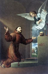 Heiliger Franz von Assisi (1181 oder 1182 - 1226) vor einem Engel, Chromolithographie des 19. Jahrhunderts