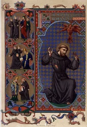 Heiliger Franz von Assisi und das Erscheinen der Stigmata (1224), Chromolithographie 19. Jahrhundert