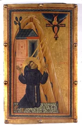 Heiliger Franziskus mit den Stigmata. Malerei auf Holz aus dem 13. Jahrhundert