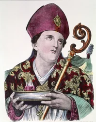 Heiliger Januarius, Schutzpatron der Stadt Neapel, hält die Ampulle mit seinem Blut in den Händen. Farbiger Volksdruck aus dem 19. Jahrhundert