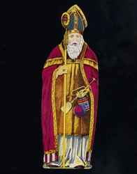 Sankt Nikolaus mit Spielzeug in der Hand. 19. Jahrhundert Karton.