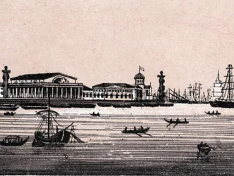 Sankt Petersburg, Russland: Blick auf die Newa und die Börse in „Die Welt illustriert 168 Ansichten“ (Ende des 19. Jahrhunderts)