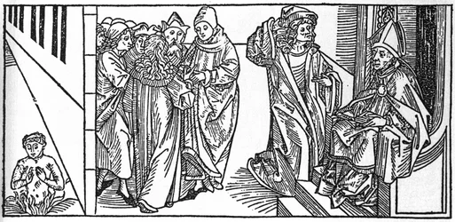 Heiliger Severin. Gravur aus „Leben der Heiligen - Sommerteil“ (Das Buch der Heiligen) von Jacobus (James) von Voragine (1228-1298). Lübeck 1488.