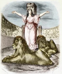 Sainte Blandine in der Arena, die Löwen liegen zu ihren Füßen (Christenverfolgungen in Lyon) - in „Histoire des popes“ von Maurice Lachatre