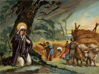 Sainte Genevieve (422-502), Schutzpatronin von Paris, bewahrt die Ernte vor dem Sturm in Meaux. Chromolithographie um 1890
