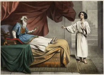 Samuel, der die Stimme des Herrn in der Nacht hört und denkt, es sei sein Mentor, der Hohepriester Eli. Anonyme Gravur aus der Mitte des 19. Jahrhunderts