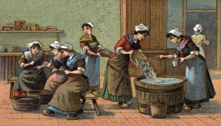 Sardinenindustrie: Köpfen und Salzen. Chromolithographie Ende des 19. Jahrhunderts