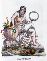 Saturn. Auf Lateinisch Saturnus (entspricht dem griechischen Gott Kronos).