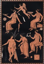 Szene der Einweihung in den Kult der Mysterien von Eleusis - Kult der Demeter und Persephone mit Zentrum in Eleusis im antiken Griechenland - Stich aus „Usi e Costumi di Tutti i Popoli dell