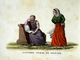 Haushaltsszene zwischen Sokrates und seiner Frau Xanthippe - Gravur