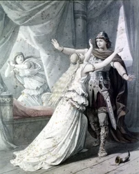 Szene aus „Rienzi, der Letzte der Tribunen“, Oper von Richard Wagner, die den Helden Rienzi mit Irene im Kapitolpalast darstellt. 1842. Gravur.