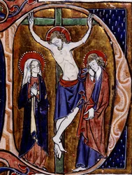 Kreuzigungsszene in einem Briefkopf (Brief D). Miniatur in „Speculum historiale“ von Vincent De Beauvais (12. Jahrhundert)