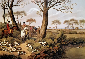 Jagdszene auf Hasen in England. Lithographie des 19. Jahrhunderts Gien, Jagdmuseum