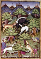 Szene der Wildschweinjagd Miniatur aus „Abhandlung über Falknerei und Jagd mit dem Motto und Emblem des Herzogs von Sforza“