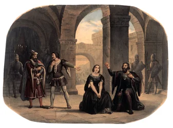 Szene aus der Oper „Die Macht des Schicksals“ von Komponist Giuseppe Verdi (1813-1901). Illustration aus dem späten 19. Jahrhundert