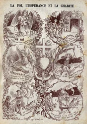 Szenen, die Glaube, Hoffnung, Nächstenliebe und deren Gegenteil, Unglauben, Verzweiflung und Egoismus, illustrieren. Illustration in „Le Pelerin“ vom 27. März