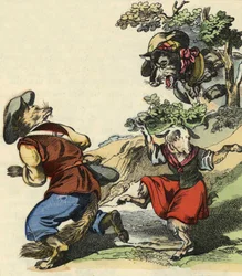 Als der Wolf den Meister Fuchs sah, floh er und ließ das kleine Zicklein in Gefahr. Illustration des Märchens „Bon medor und das kleine Zicklein“. In „Märchen aus dem Heim für die Kleinen“. Anonyme Gravur des 19. Jahrhunderts