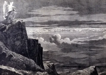 Ansicht des Himmlischen Jerusalem; Bild des irdischen Jerusalem nach dem Jüngsten Gericht, es steigt vom Himmel herab, um sich auf der Erde niederzulassen. Gravur des 19. Jahrhunderts