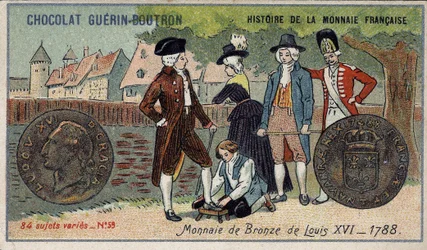 Serie Histoire de la Monnaie Française veröffentlicht von Chocolat Guérin Boutron. Chromolithographie 19. Jahrhundert. Bronzemünze von Ludwig XVI. im Jahr 1788