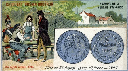 Serie Histoire de la Monnaie Française, veröffentlicht von Chocolat Guérin Boutron, Chromolithographie 19. Jahrhundert, 5-Franc-Silbermünze, Louis Philippe I., 1840