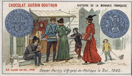 Serie Histoire de la Monnaie Française, veröffentlicht von Chocolat Guérin Boutron. Chromolithographie des 19. Jahrhunderts. Silberdenier von Philippe le Bel 1285