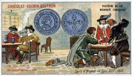 Serie Histoire de la Monnaie Française, veröffentlicht von Chocolat Guérin Boutron. Chromolithographie des 19. Jahrhunderts. Silber-Louis von Ludwig XIII. im Jahr 1610