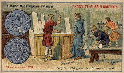 Serie Histoire de la Monnaie Française, veröffentlicht von Chocolat Guérin Boutron. Chromolithographie des 19. Jahrhunderts. Silberdenar von Chlothar II. im Jahr 584