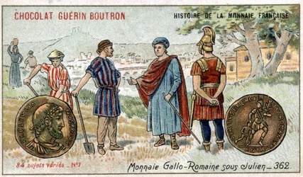 Serie Histoire de la Monnaie Française, veröffentlicht von Chocolat Guérin Boutron. Chromolithographie des 19. Jahrhunderts. Gallorömische Münzen unter Julian