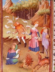 Hirten ruhen sich am Lagerfeuer aus. Miniatur aus 