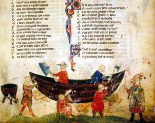 Schiffbau und Kalfatern im 13. Jahrhundert. Miniatur aus dem „Roman de Troie“ von Benoît de Sainte-Maure. 14. Jahrhundert, Biblioteca Marciana, Venedig