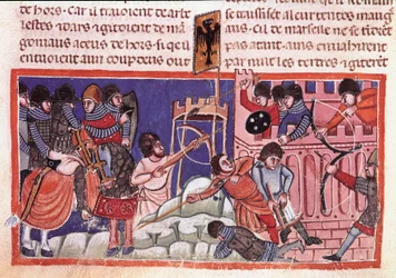 Belagerung einer befestigten Stadt. Miniatur aus einem Kodex über die Taten von Julius Caesar. 14. Jahrhundert, Venedig, Biblioteca Marciana