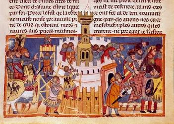 Belagerung einer befestigten Stadt Miniatur aus „Die Taten der Römer“ über das Leben der zwölf Cäsaren