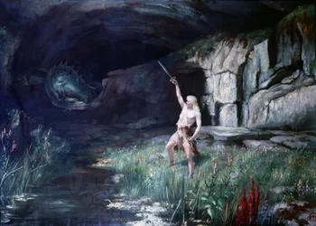 Siegfried, der dem Drachen Fafner gegenübersteht, schwingt sein Schwert. Szene aus der Oper „Der Ring des Nibelungen“ von Richard Wagner (1813 - 1883). Gemälde.