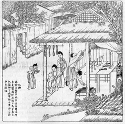 Seide und Seidenraupe in China: Dank an die Göttin der Seide. Gravur in „La Nature: revue des sciences et de leurs applications aux arts et a l