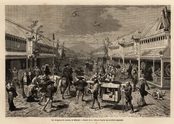 Seidenläden in Mitsoui, Yedo (oder Edo, heutiges Tokio), lebhaft, und im Hintergrund die Silhouette des Berges Fuji. Illustration der Reise nach Japan, 1863-1864, von Aime Humbert, Minister der Schweizerischen Eidgenossenschaft, in 