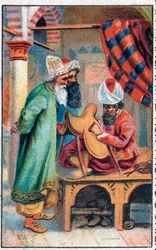 Sindbad macht einen Sattel. Die wunderbaren Abenteuer von Sindbad dem Seefahrer. Beliebtes Märchen aus 1001 Nacht (Tales of the Thousand and One Nights). Chromolithographie aus dem späten 19. Jahrhundert.