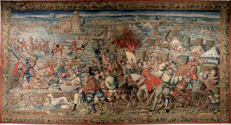 Sechster Italienischer Krieg (1521-1526): Darstellung der Schlacht von Pavia am 24.02.1525, die die Niederlage von Franz I. gegen Karl V. sah. Wandteppich. Neapel, Museo Nazionale di Capodimonte