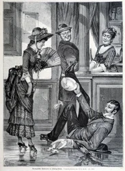 Schlittschuhszene in einer Brauerei. Ein Junge fällt und zerbricht die Teller, die er trug (1883)