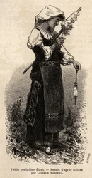 Kleine Contadine (Bäuerin) aus der Umgebung von Rom, die Wolle mit ihrer Spindel spinnt. Gravur zur Illustration der Reise nach Rom, von Francis Wey, 1864-1870, veröffentlicht in „Le Tour du Monde“ 1870-1871, herausgegeben von Edouard Charton, Hachette, Pa